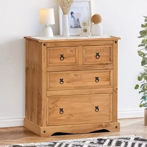 Mercers Furniture Corona Compact 2+2 Chest of Drawers in Brown Solid Pine Wood, H 90 cm x W 82 cm x D 40 cm – 1