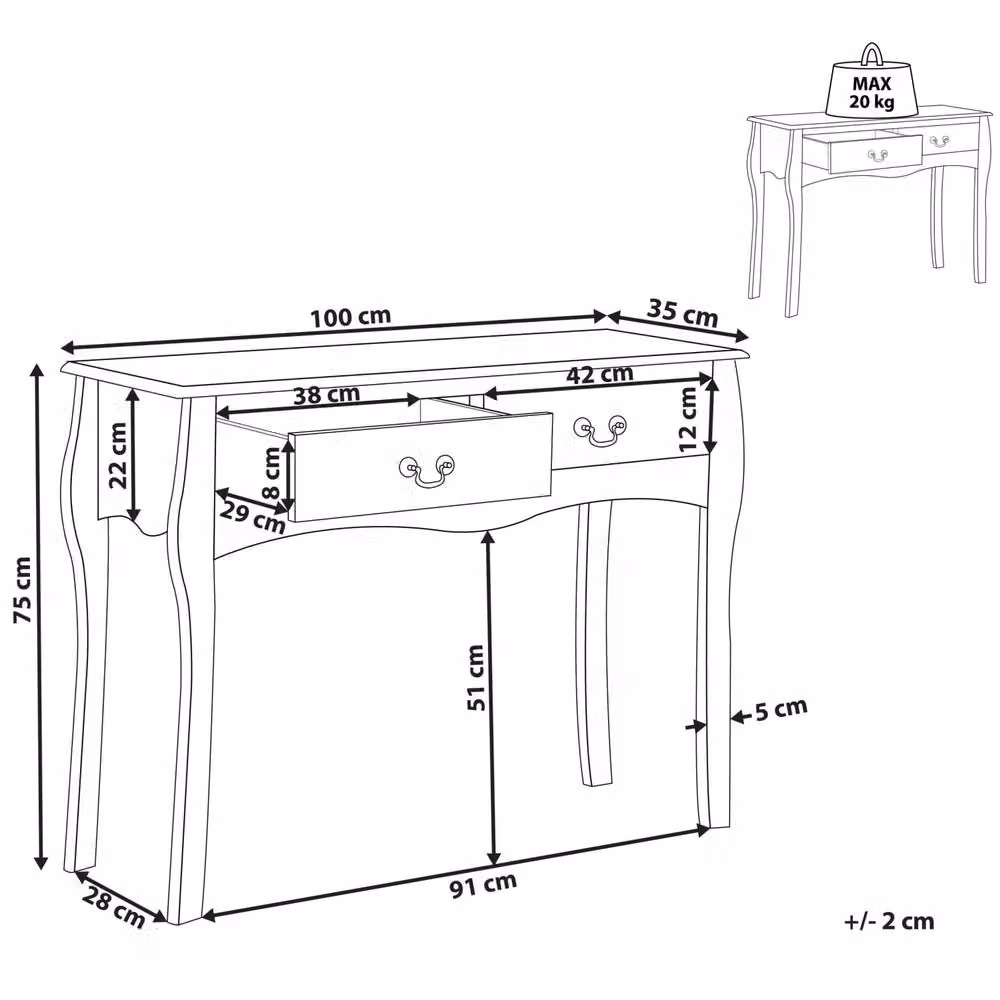 Wyld and Coco Black Vintage Console Table with Two Drawers, W: 100 cm, D: 35 cm, H: 75 cm – 3