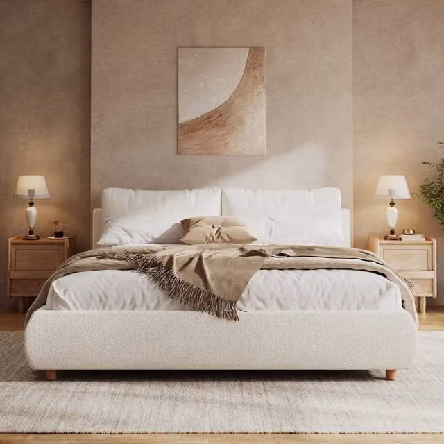 Rolipo Double Ottoman Storage Bed Frame in Warm White Boucle Fabric, W/D/H: 150 x 200 cm