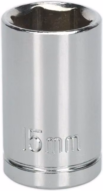 Loops 15mm Chrome Plated 1/2 inch Square Drive Socket in Silver Carbon Steel