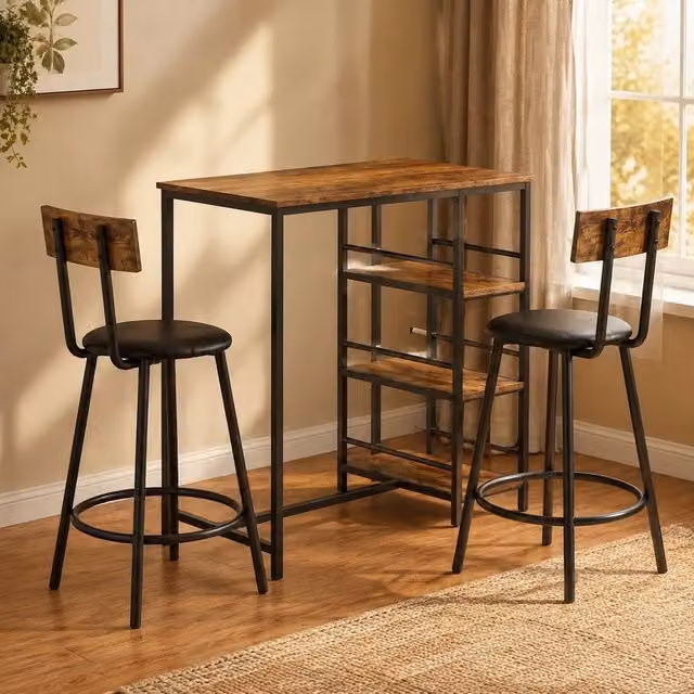 STILVORA Rustic Brown Dining Set with Rectangular Wood Table and Four Faux Leather Chairs