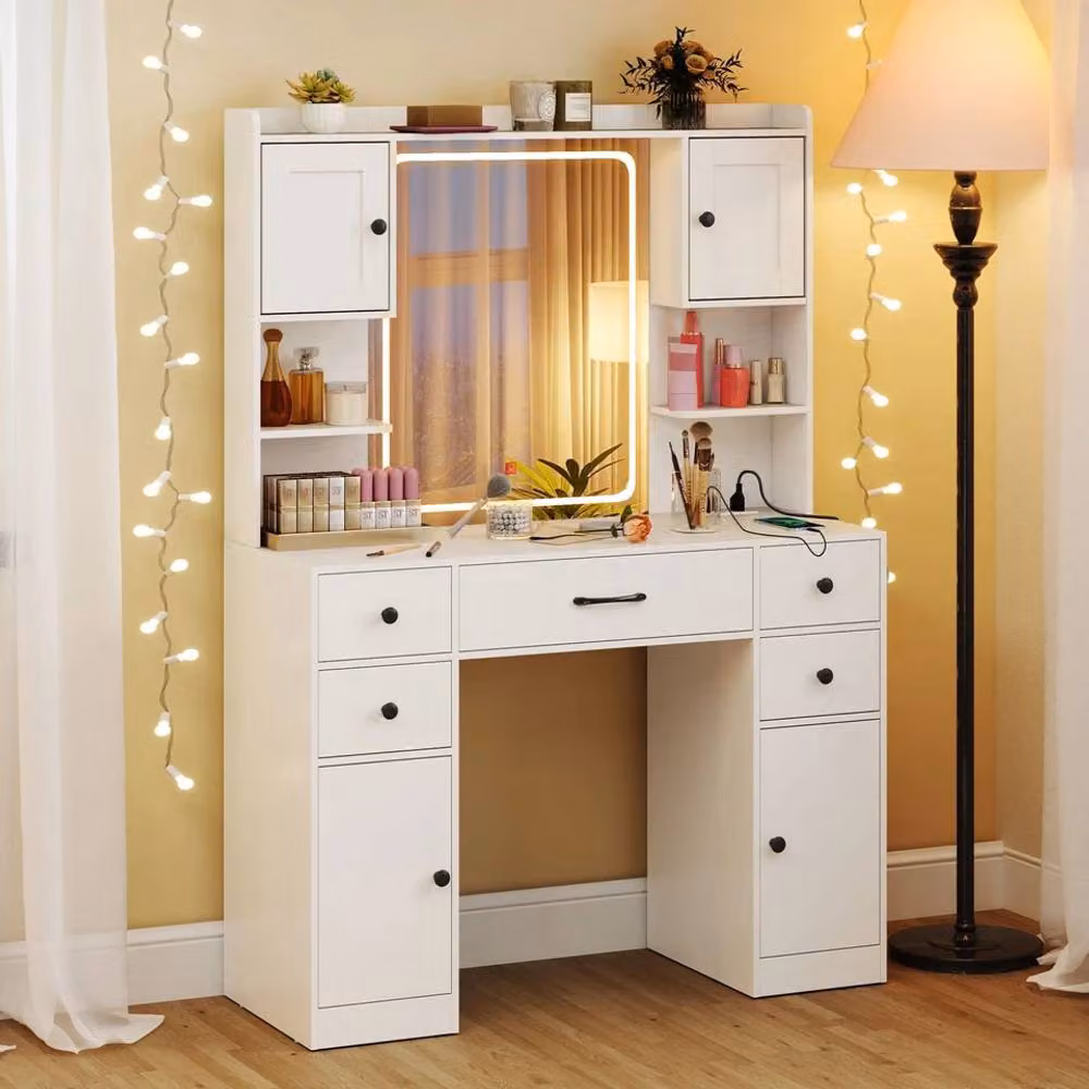 Costway Makeup Vanity Desk with Hollywood LED Mirror and Charging Station in White – 2