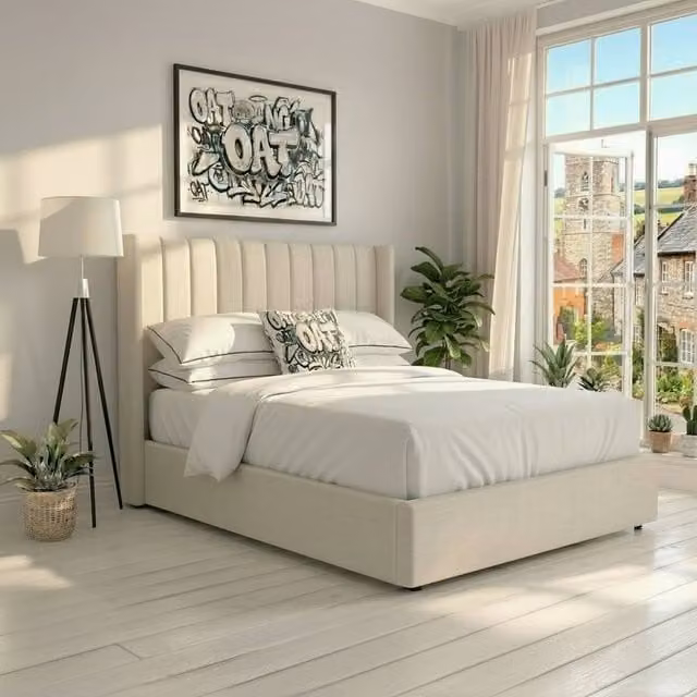 OAT Home Daresbury Winged Headboard Fabric Ottoman Storage Bed Frame in Beige, Size: Double (W: 140 cm, L: 200 cm)