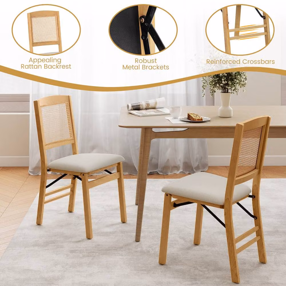 Costway Set of 2 Folding Dining Chairs in Natural Rubberwood with Beige Linen Padded Seats – 2