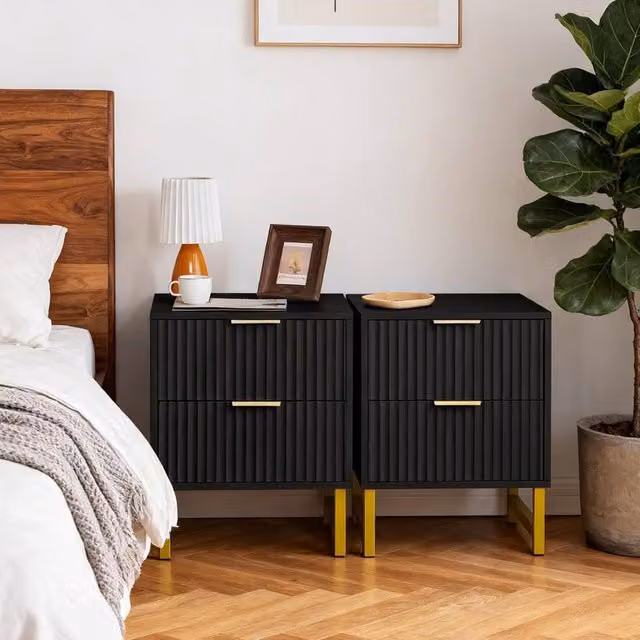 FURNITURE ONE Set of 2 Black and Gold 2 Drawer Bedside Tables with Modern Geometric Design