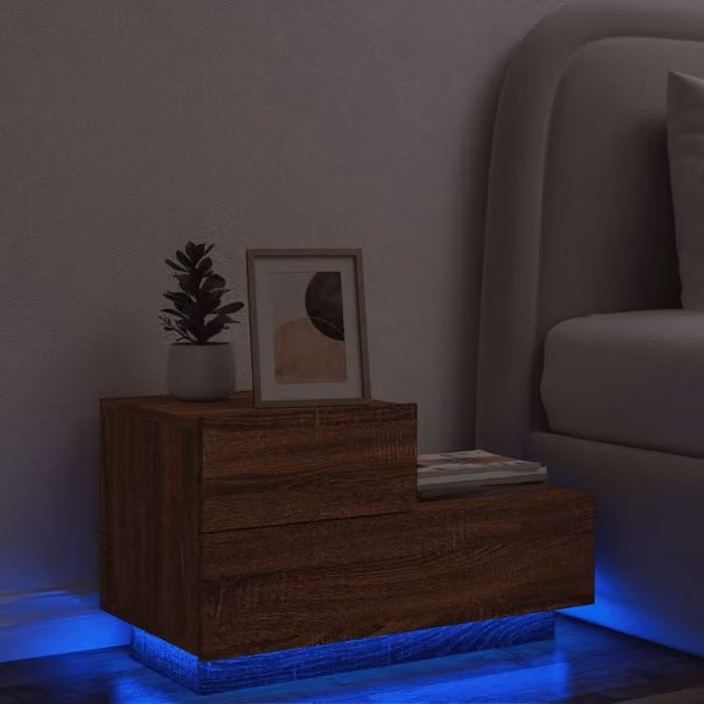 Berkfield Home Modern Bedside Cabinet with Integrated LED Lights in Brown Oak, W/D/H: 70 x 36 x 40.5 cm – 1