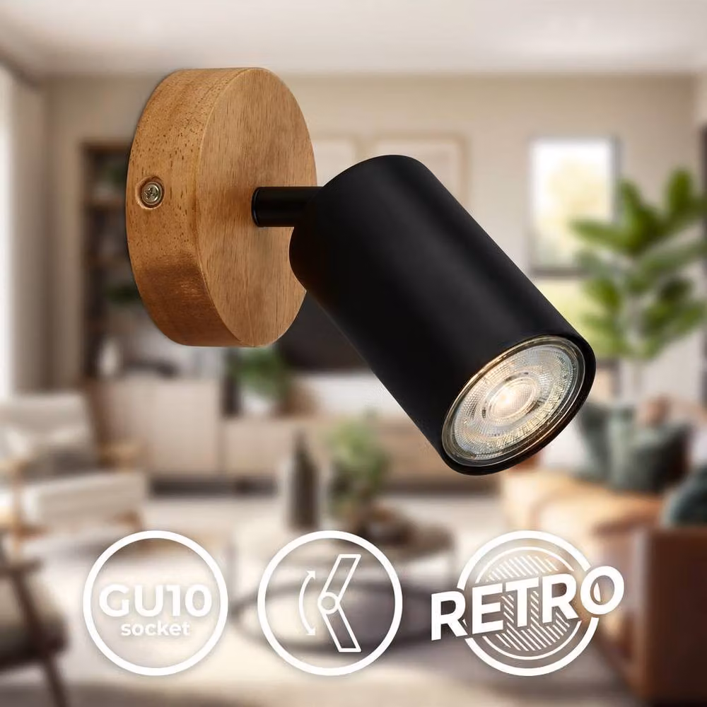 B.K.Licht Industrial Black Metal and Wood Adjustable Wall Light Spotlight for Reading with GU10 Socket – 4