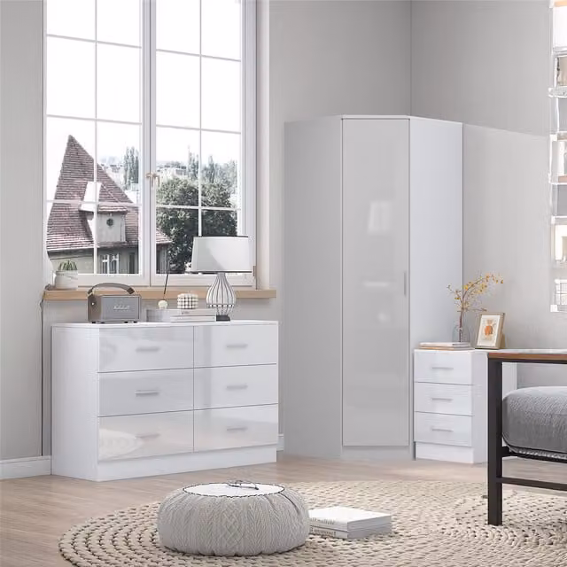REFLECT Bedroom Furniture Bundle including Corner Wardrobe, Chest of Drawers and 3 Drawer Bedside Table in White Gloss and Matt White