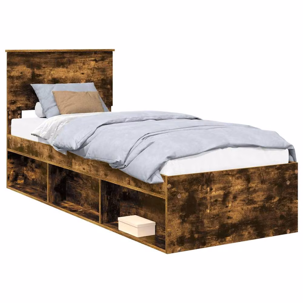 Berkfield Home Bed Frame with Headboard in Smoked Oak and Brown Solid Pine Wood, W: 75 cm, L: 190 cm – 2