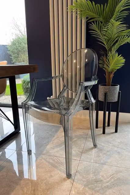 Fusion Living Ghost Style Plastic Louis Armchair in Grey