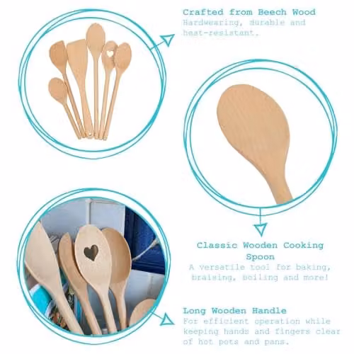 Argon Tableware Brown Wooden Cooking Spoons, Pack of 12, Heat Resistant and Non-Scratch