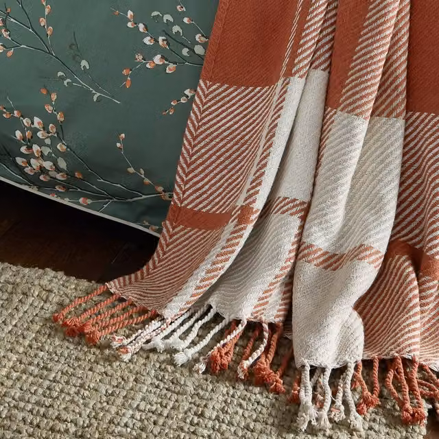 Laura Ashley Dylan Woven Cotton Checked Throw with Fringes, Orange, W: 150 cm, L: 200 cm