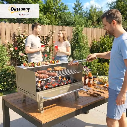 Outsunny Portable Charcoal Tabletop BBQ Grill with Warming Rack and Stainless Steel Grates, Beige – 2