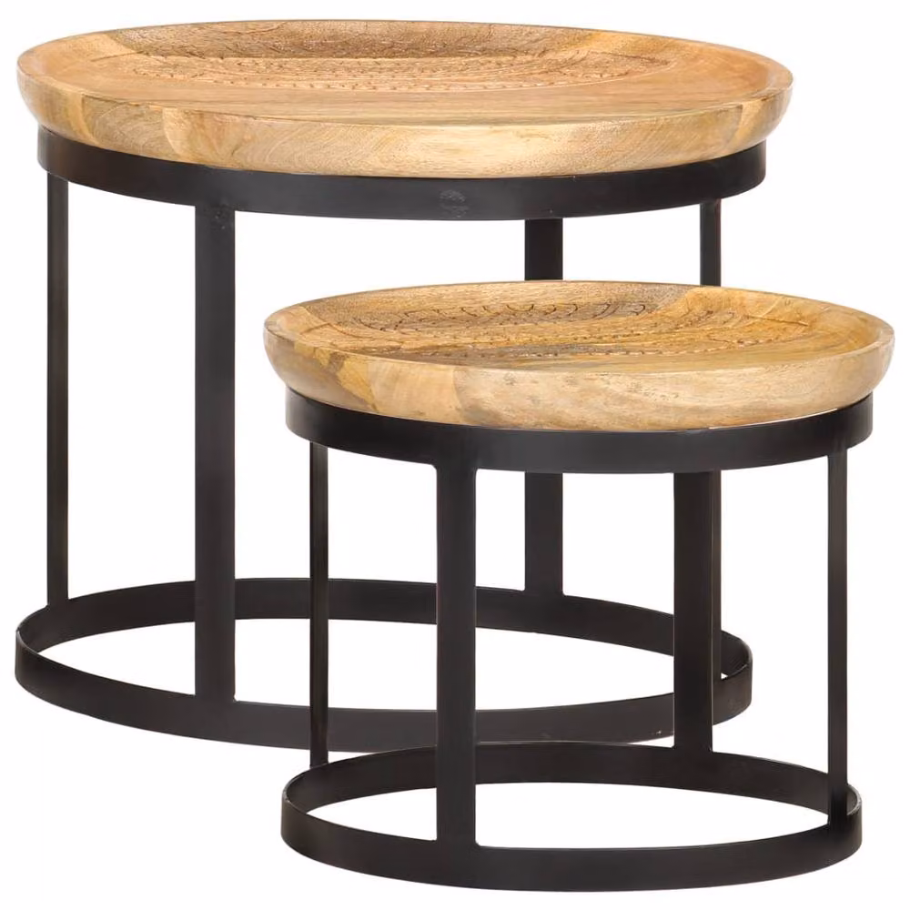 Berkfield Home Set of 2 Round Nesting Side Tables in Brown Mango Wood and Black Steel – 2