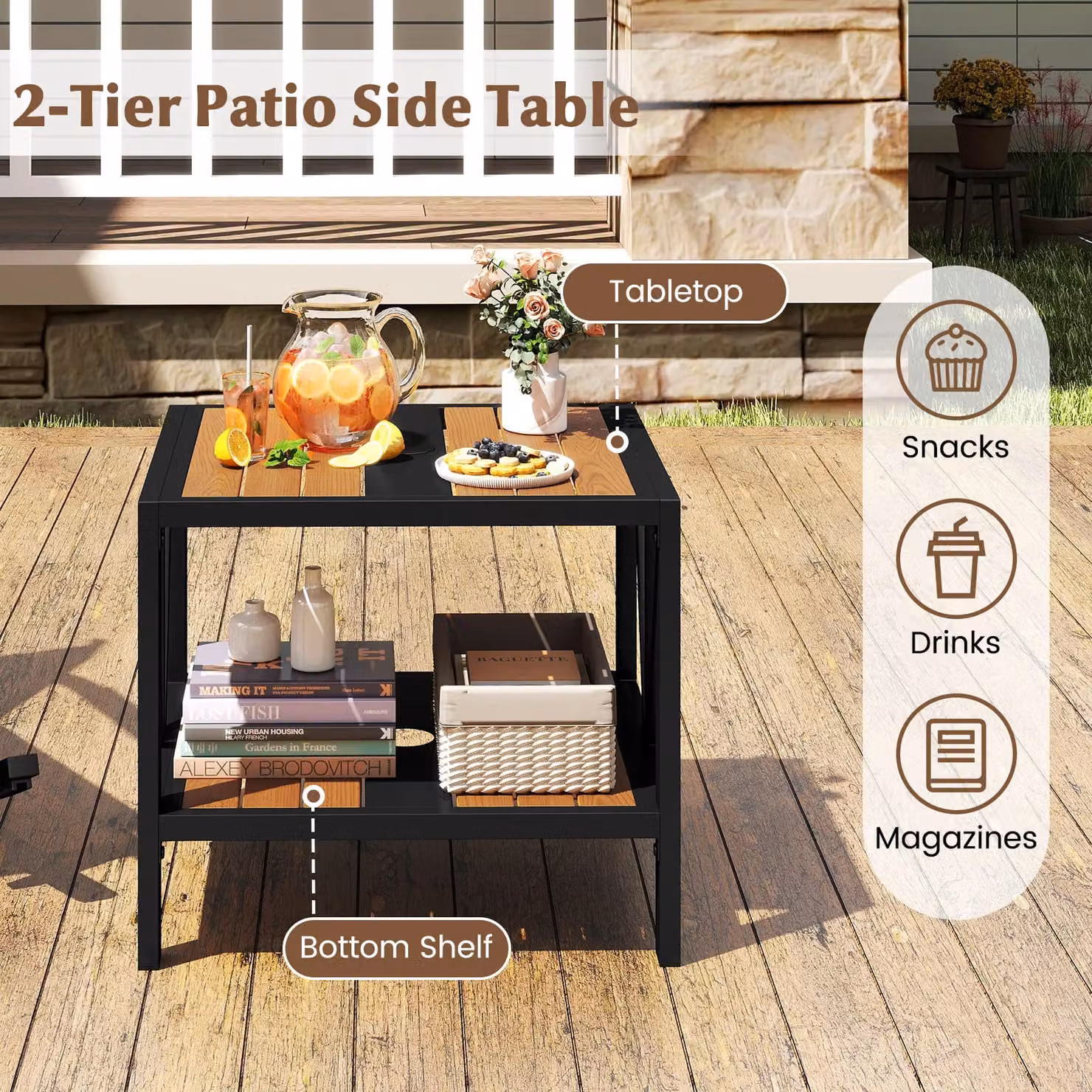 Gymax 2-Tier Metal Small Patio Coffee Table and Garden Side Table in Khaki, W/D/H: 52 x 46 x 45 cm – 6