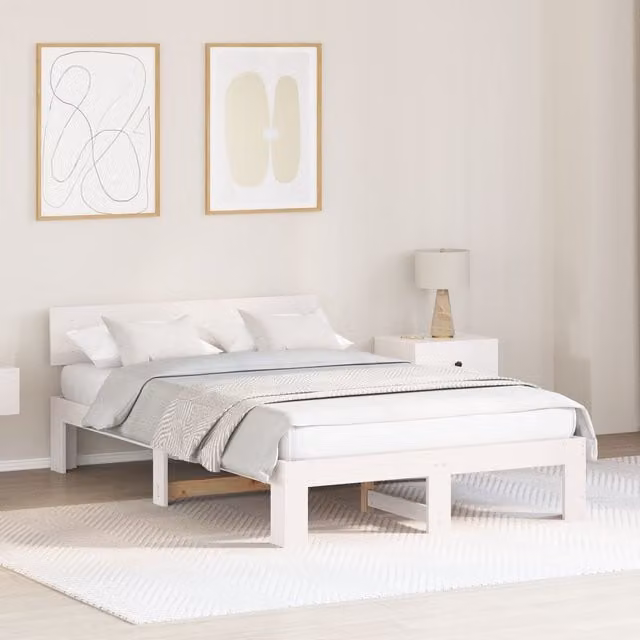 Berkfield Home White Lacquered Solid Pine Wood Bed Frame with Headboard W/D/H: 120 x 190 x 66 cm
