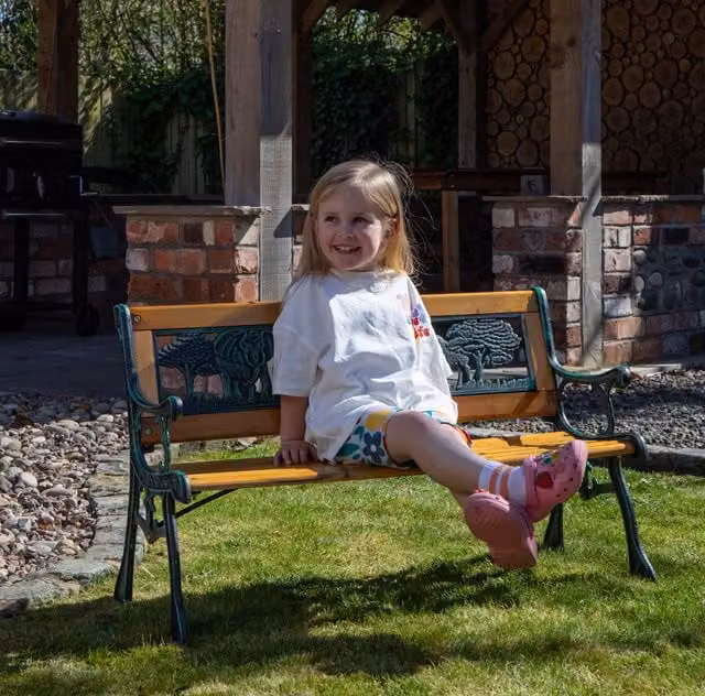Samuel Alexander Kids 2 Seater Wooden and Cast Iron Garden Bench with Animal Design in Brown – 1