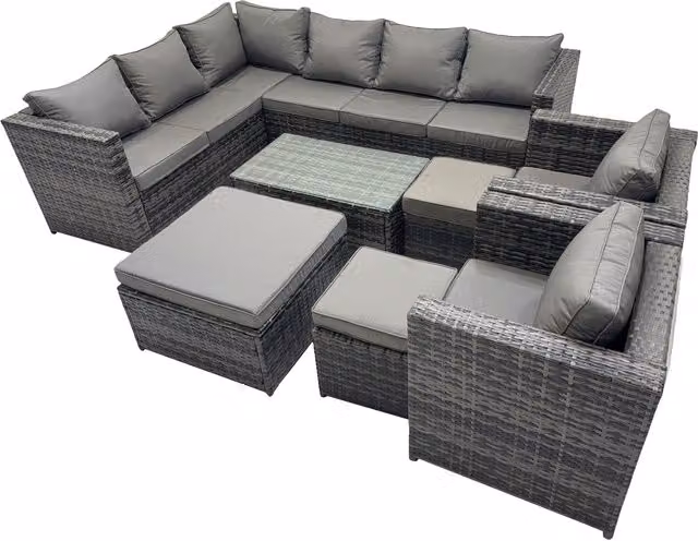 Fimous PE Rattan L-Shape Outdoor Corner Sofa Set with Coffee Table and Ottoman in Dark Grey Mixed