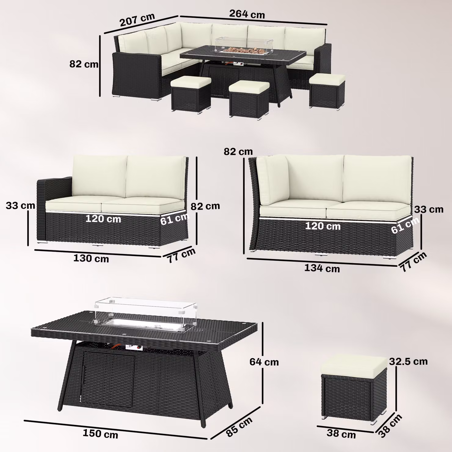 Outsunny 7 Piece PE Rattan Garden Furniture Set with 50,000 BTU Gas Fire Pit Table, Double Corner Sofa and 3 Footstools – 3