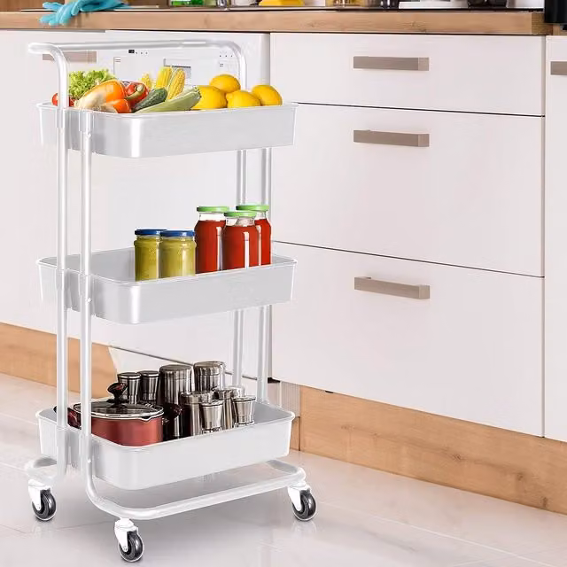 HyFive 3 Tier Metal Storage Trolley with Wheels in Matt White