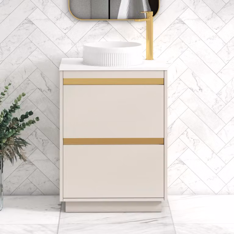 Royal Bathrooms Orion 600mm Warm Taupe Floor Standing 2 Drawer Vanity Unit with Round Basin and Brushed Brass Accent Trim