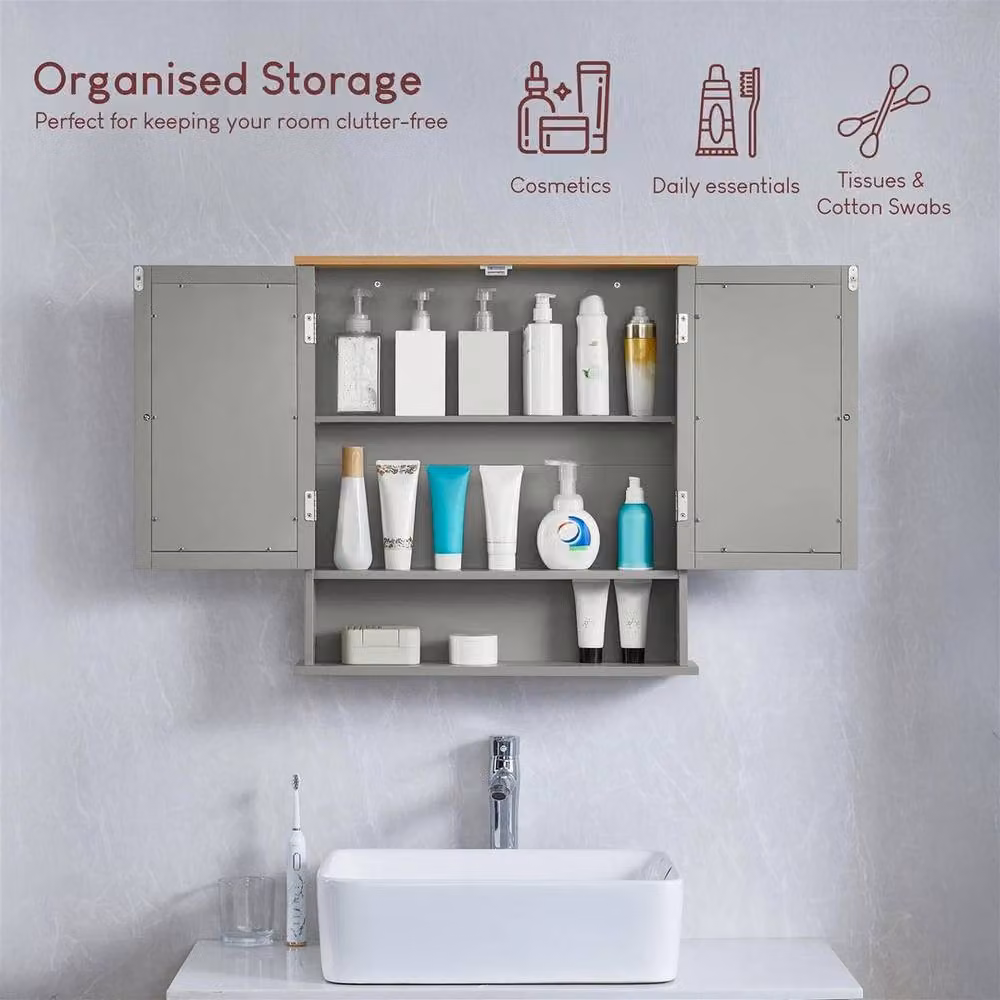 FORGEVIO Grey Wall Mounted 2 Door Mirrored Bathroom Storage Cabinet with Internal Shelves – 4