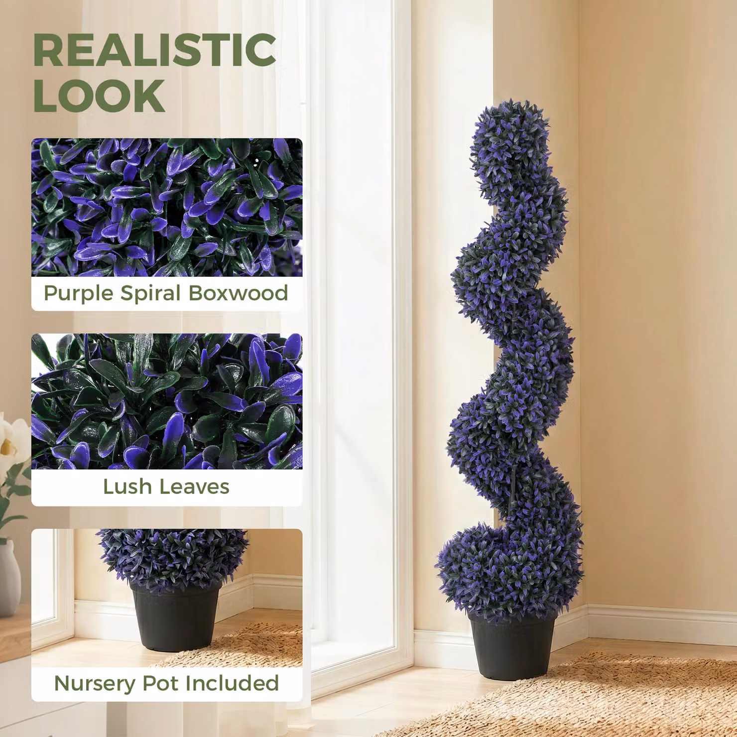HOMCOM Set of 2 Purple Artificial Boxwood Spiral Topiary Trees, Height: 120 cm – 4