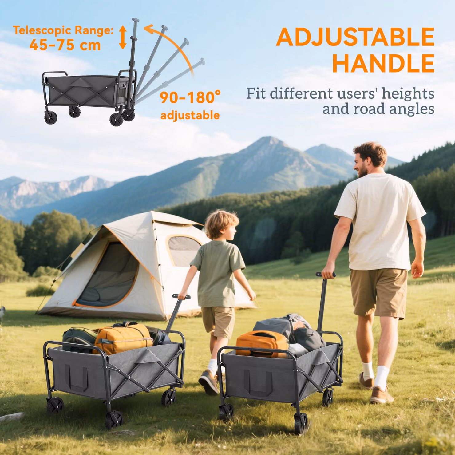 Outsunny 62L Festival Trolley on Wheels, Heavy Duty Collapsible Garden Wagon with Adjustable Handle and Carrying Bag, Grey – 7