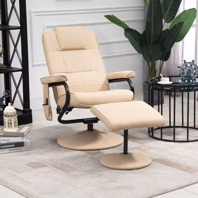 HOMCOM 10-Point Massage Recliner Chair with Ottoman in Beige PU Leather