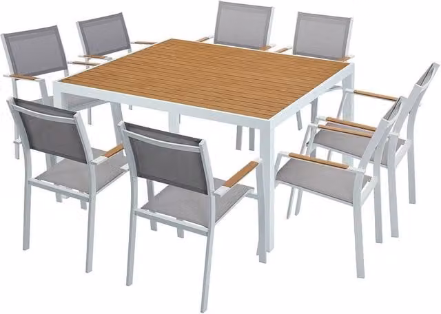 MYLIA Modern White Matt Metal Garden Dining Set with Square Table and 8 Stackable Chairs, W: 140 cm, D: 140 cm, H: 74 cm
