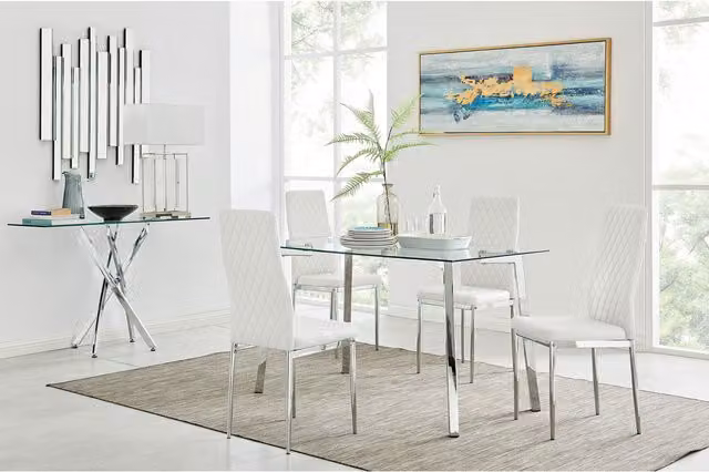 FurnitureboxUK Cosmo Chrome Metal and Glass Kitchen Dining Table with 4 Milan Dining Chairs in White