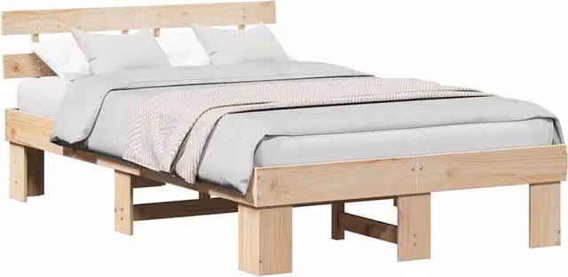 Berkfield Home Elegant Bed Frame with Headboard in Beige Solid Pine W/D/H: 140 x 190 x 73 cm