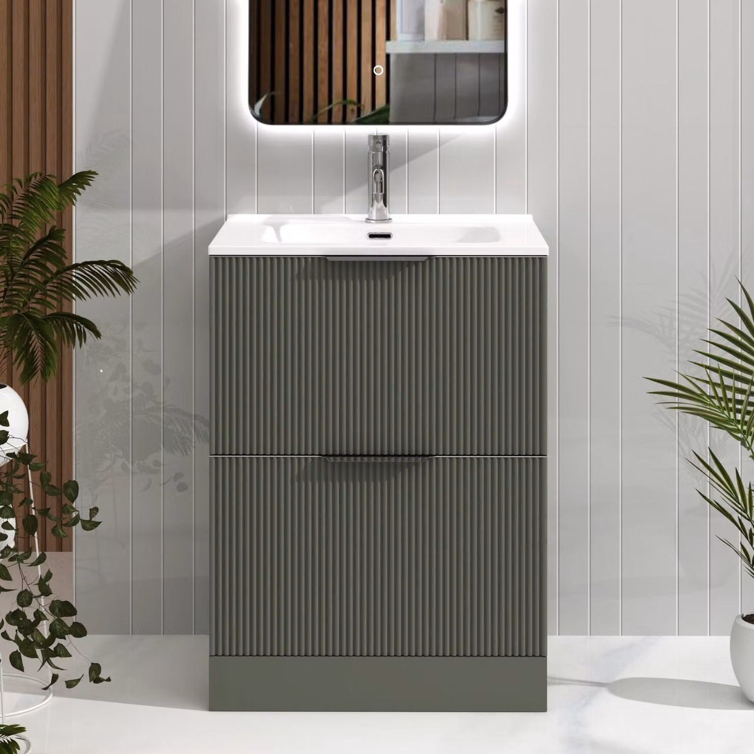 Royal Bathrooms Evora Sage Green Fluted Floor Standing Vanity Unit with 2 Drawers and Ceramic Basin