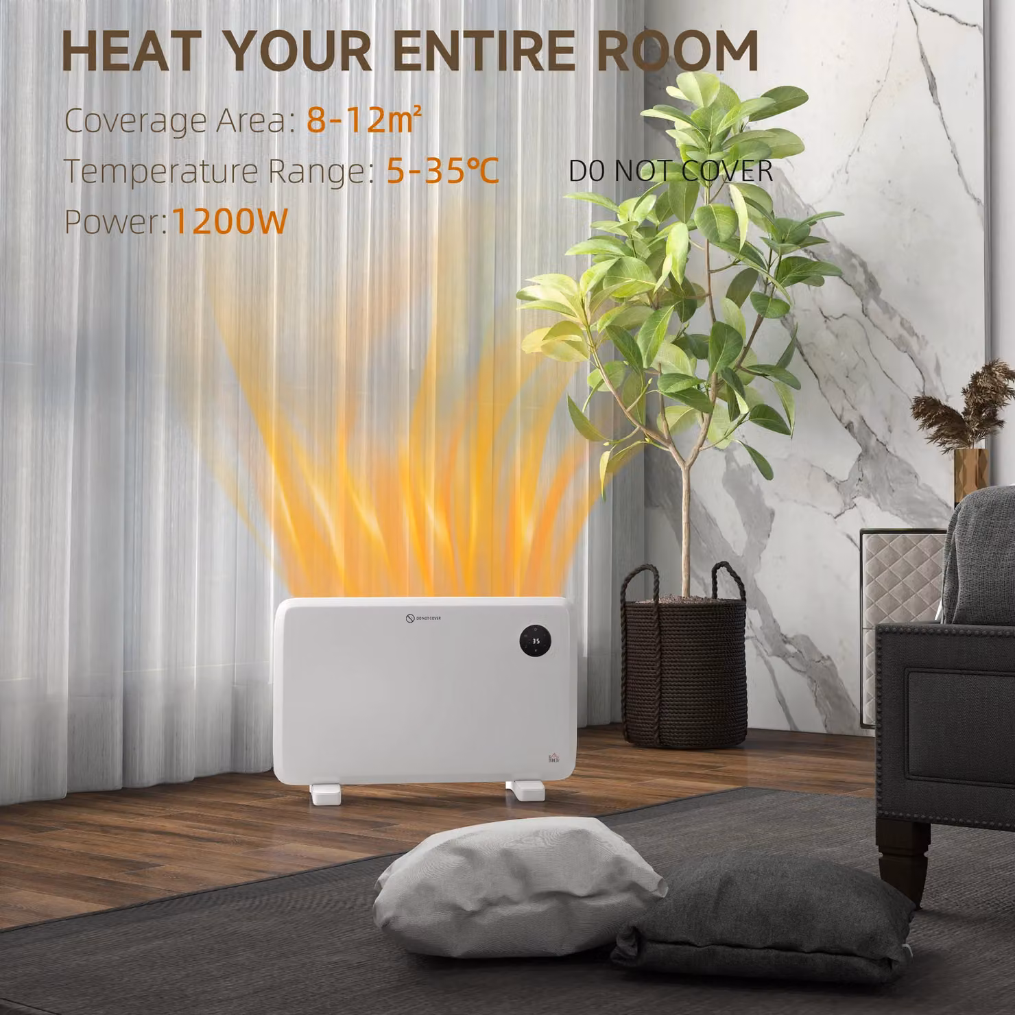 HOMCOM Electric Convector Heater in White with LED Display, Thermostat and Remote Control – 3