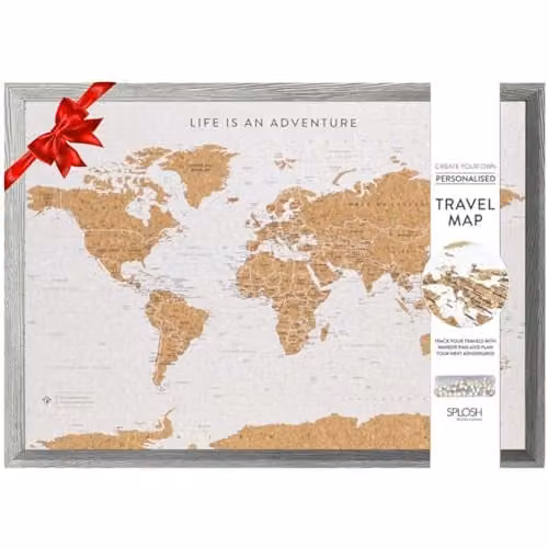 Splosh Large World Map Pin Board with Wooden Frame and 100 Pins in Grey – 1