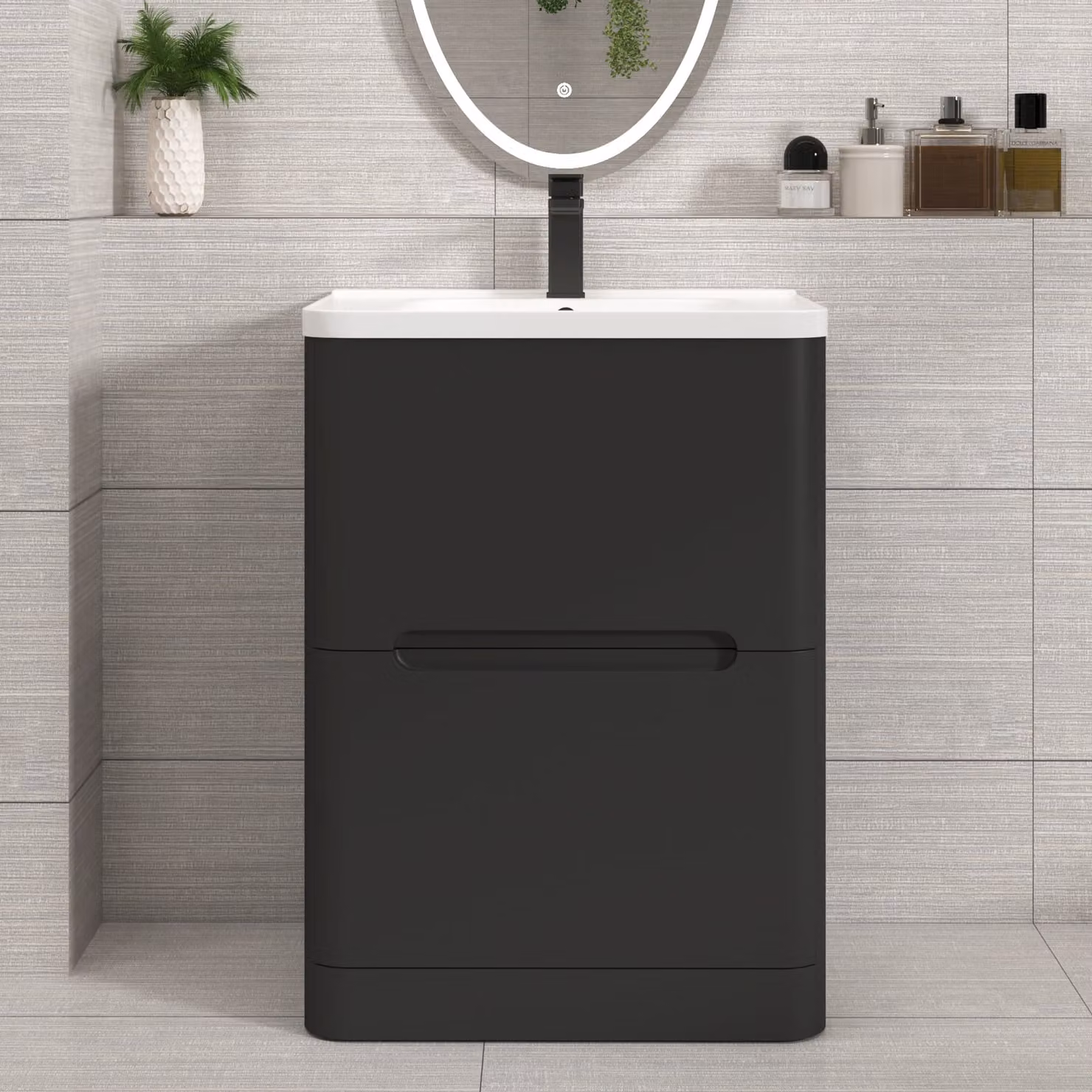 Royal Bathrooms Venice Matt Nocturne Black 2 Drawer Floor Standing Vanity Unit with Ceramic Basin