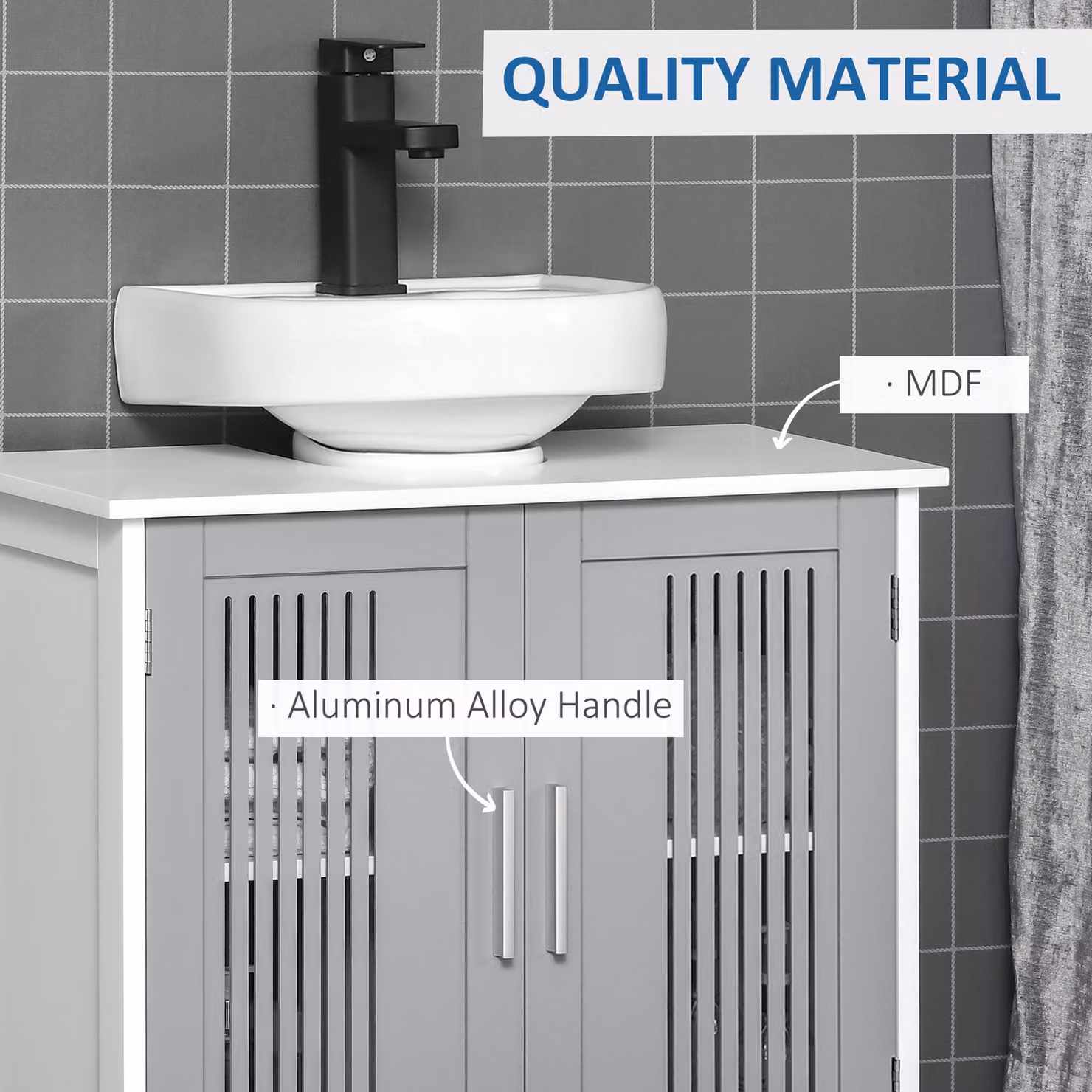 Kleankin Modern Grey Under Sink Bathroom Vanity Unit with Double Hinged Doors and Adjustable Internal Shelves – 4
