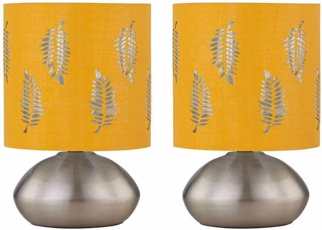 First Choice Lighting Jenson Set of 2 Brushed Chrome Touch Table Lamps with Ochre Fabric Shades