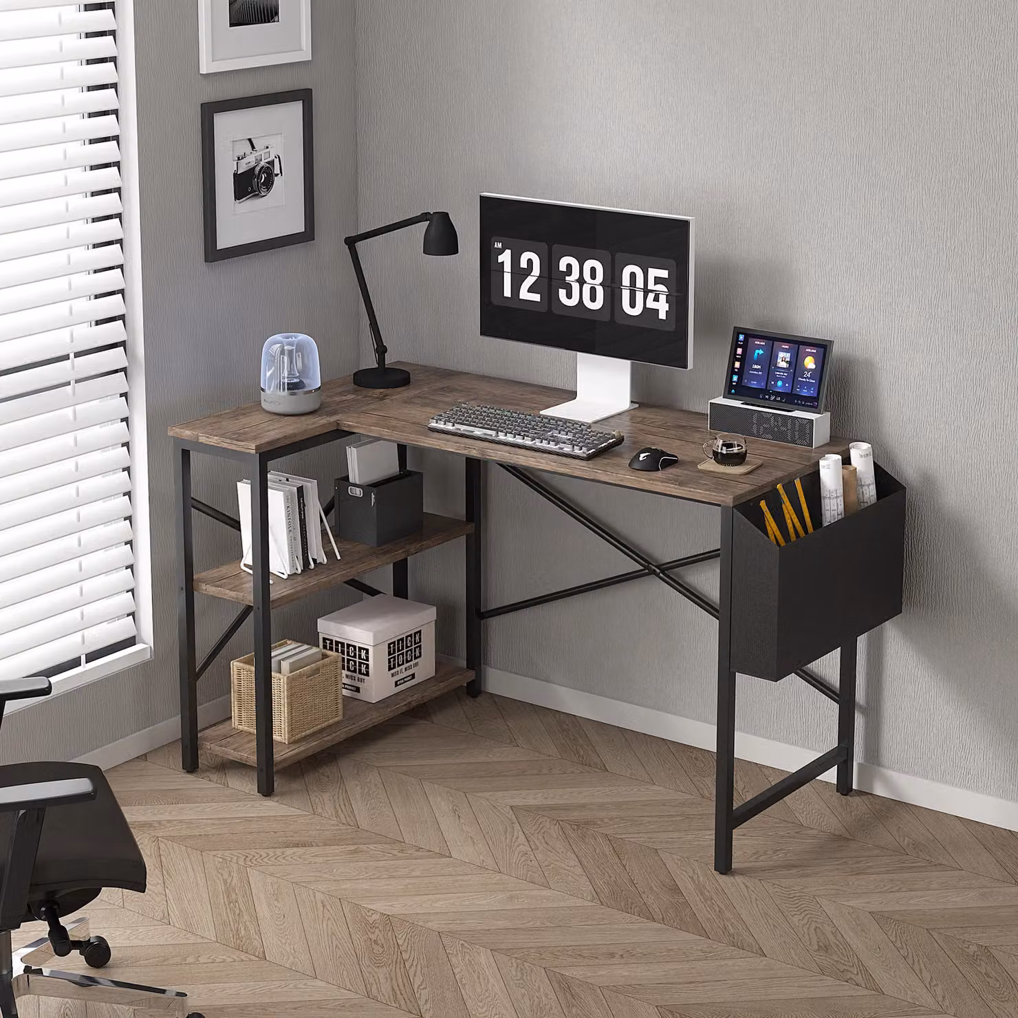 MCC Direct Lotus L Shaped Corner Computer Desk with Adjustable Shelves, Brown – 3