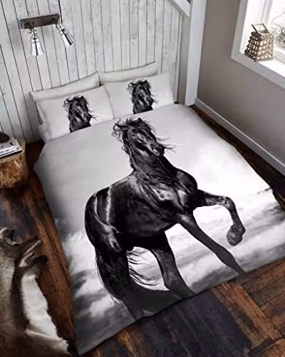 Gaveno Cavailia 3D Wildlife Black Horse Bed Set with Duvet Cover and Pillowcase, Multicolour, W/D/H: 180 x 200 cm and 50 x 75 cm