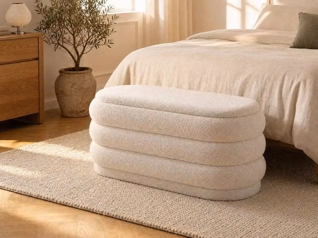 ECAMBI Vente-unique Blanket Chest in White Bouclé Fabric, W/D/H: 101.5 x 47 x 49 cm