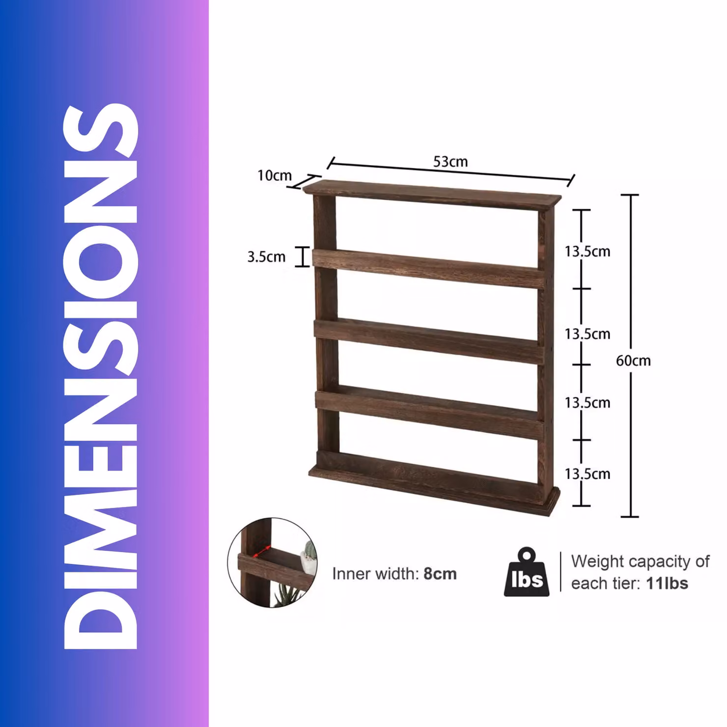 Pirlo Plush 5 Tier Rustic Wooden Spice Rack in Brown, Wall Mounted or Countertop Kitchen Organiser – 5