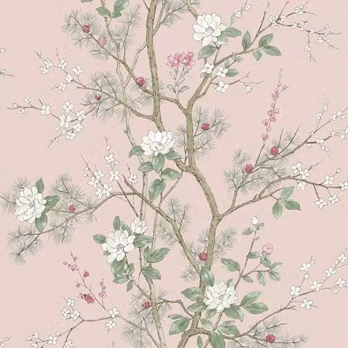 Belgravia Decor Bridget Delicate Floral Oriental Themed Matte Finish Wallpaper in Blush Pink – 1