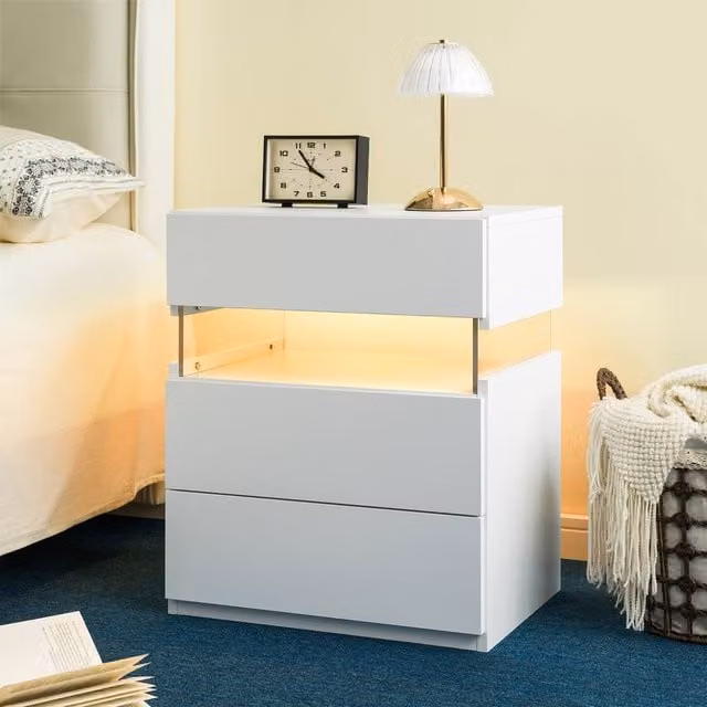 Direct Wicker White Wicker and Acrylic LED Nightstand with 3 Drawers – 1