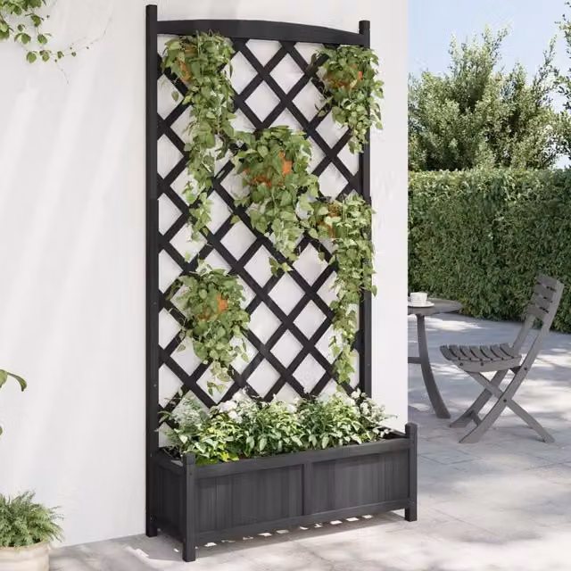 Berkfield Home Black Solid Wood Fir Planter with Trellis – 1