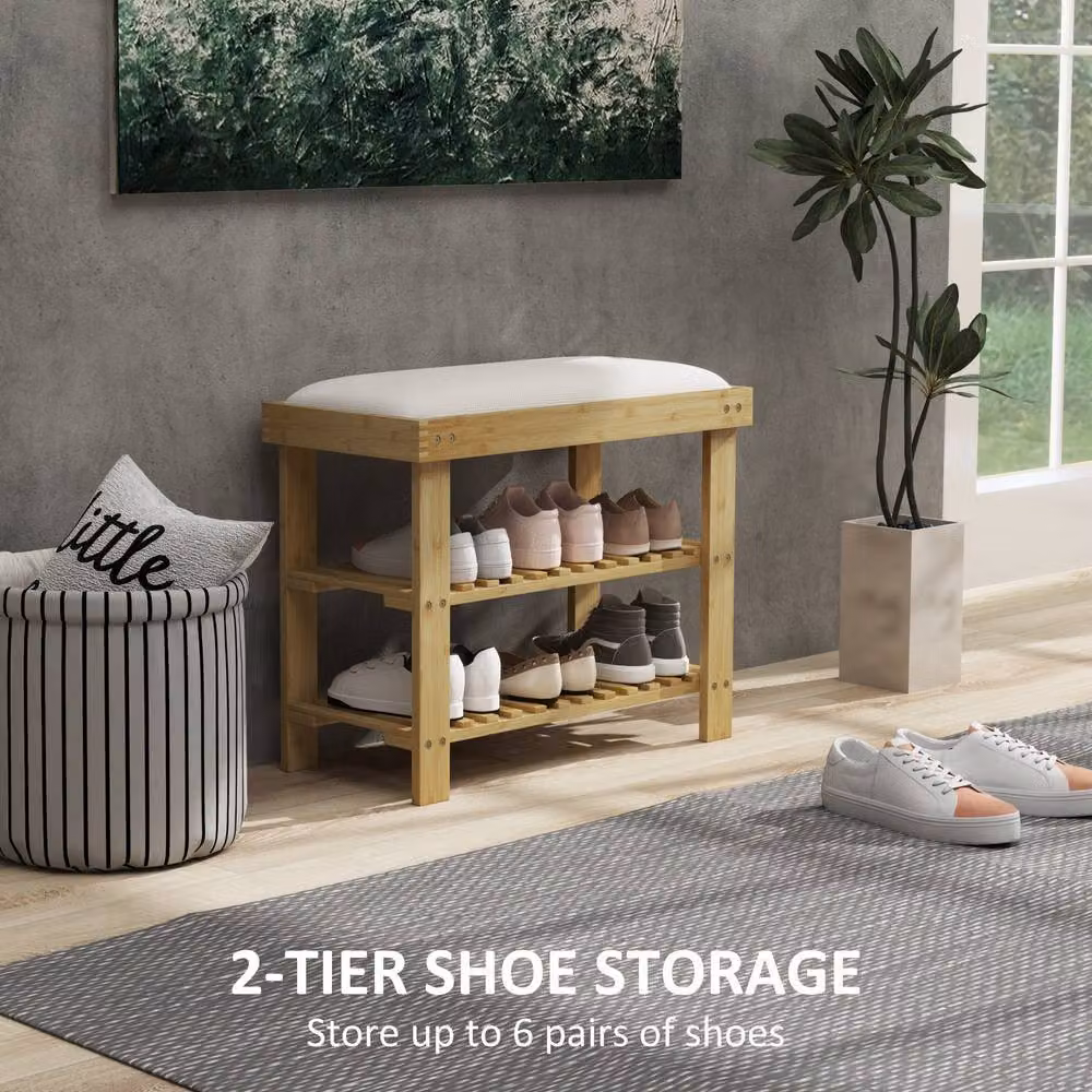 STILVORA Modern Shoe Bench with Fabric Cushion and 2 Shelves in Beige, W/D/H: 120 x 49 x 60 cm – 3