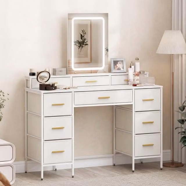 HOMCOM Dressing Table with LED Lighting Mirror and 10 Drawers in White and Gold