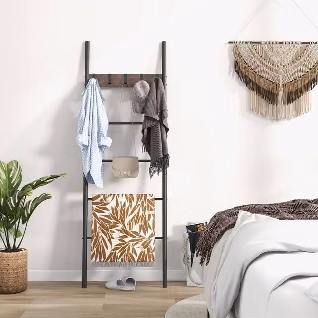 Costway 5-Tier Wooden Blanket Holder Ladder Shelf with 5 Hooks in Brown – 1