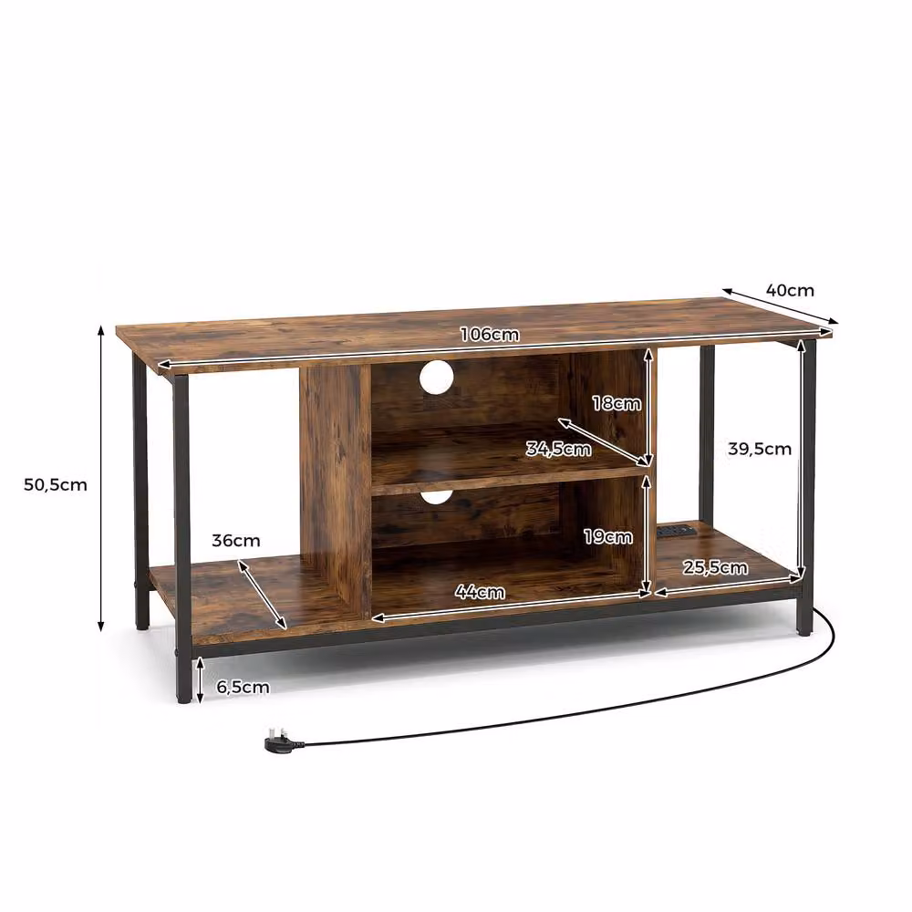 Gymax Brown 3-Tier Industrial Wood TV Stand with Power Outlet and Type-C Port – 9
