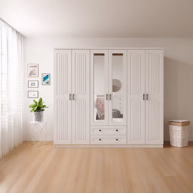 EVUHOME Juliet 6 Door 2 Drawer Mirrored White Wardrobe, H 210 cm x W 184 cm x D 52 cm